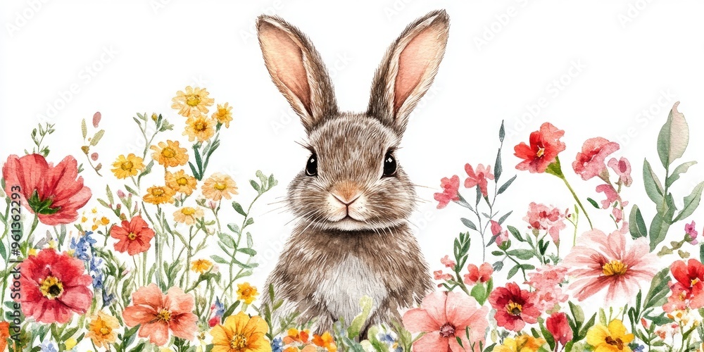 Charming Watercolor Illustration of a Rabbit Surrounded by Vibrant Flowers Charming Watercolor Illustration of a Rabbit Surrounded by Vibrant Flowers