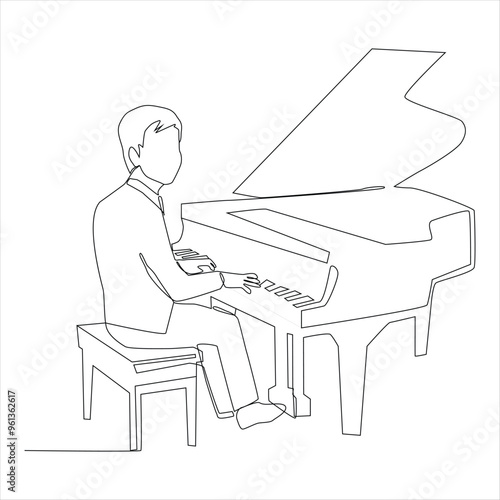 Single continuous line drawing of young happy male pianist playing classic grand piano on music concert orchestra, vector art illustration.