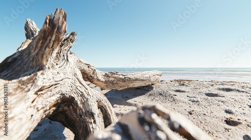 Driftwood on a Beach with Ocean in the Background