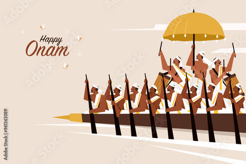 Traditional oarsmen rowing a snake boat during the Onam festival.Concept of Onam festival in Kerala
