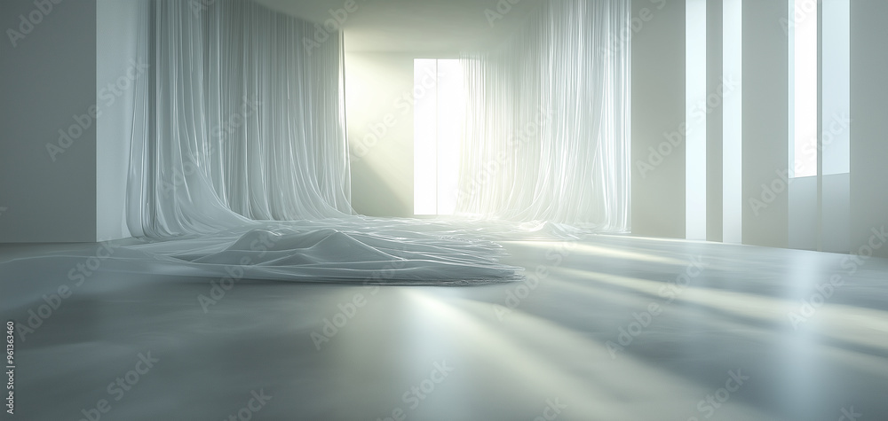 Obraz premium Empty bright room with fabrics and curtains in pastel colors.