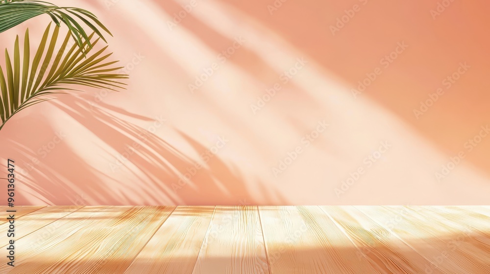 Wooden Tabletop with Palm Leaf Shadow and Peach Wall Background Wooden Tabletop with Palm Leaf Shadow and Peach Wall Background