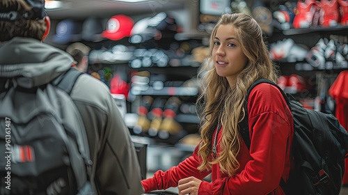 Young Woman in Red Jacket with Backpack in Store