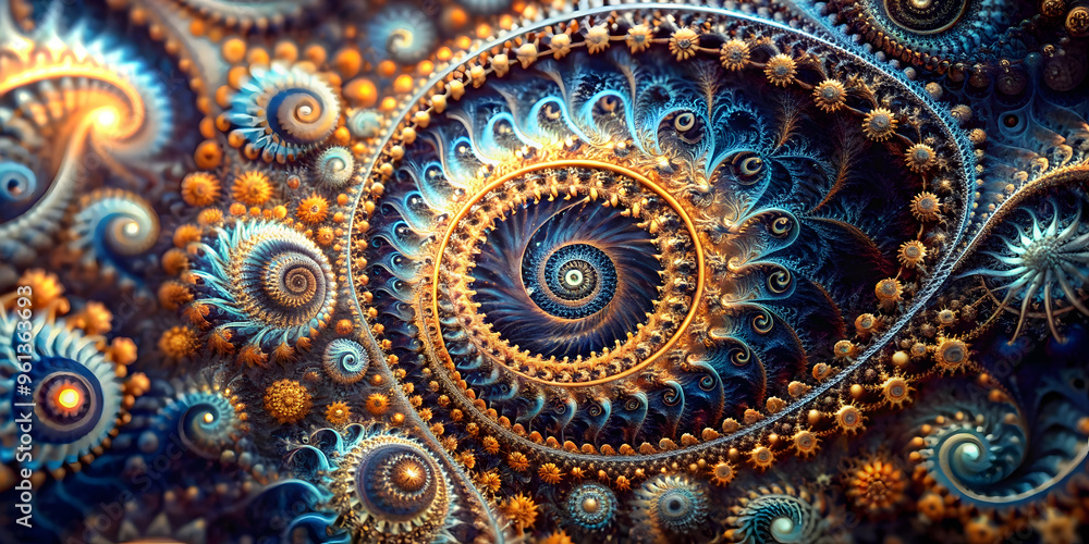 Abstract Gears: A mesmerizing fractal pattern of intricately woven gears in shades of blue, gold, and orange. The design evokes a sense of intricate movement and complex mechanisms. Abstract Gears: A mesmerizing fractal pattern of intricately woven gears in shades of blue, gold, and orange. The design evokes a sense of intricate movement and complex mechanisms.