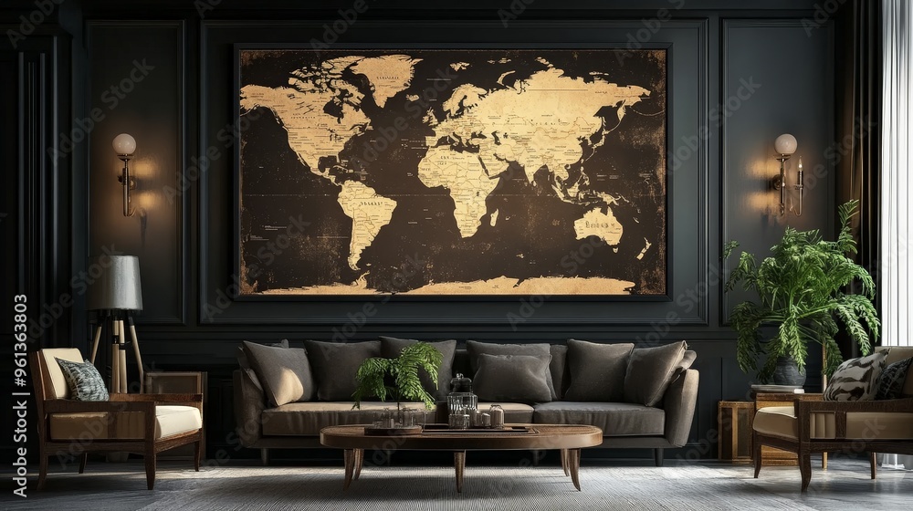 Envision an elegant world map printed on a large canvas. The map is framed and mounted on a wall, showcasing a sophisticated color palette Envision an elegant world map printed on a large canvas. The map is framed and mounted on a wall, showcasing a sophisticated color palette