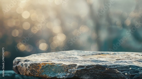 Vintage filtered stone tabletop with blurred bokeh background perfect for product display or montage.