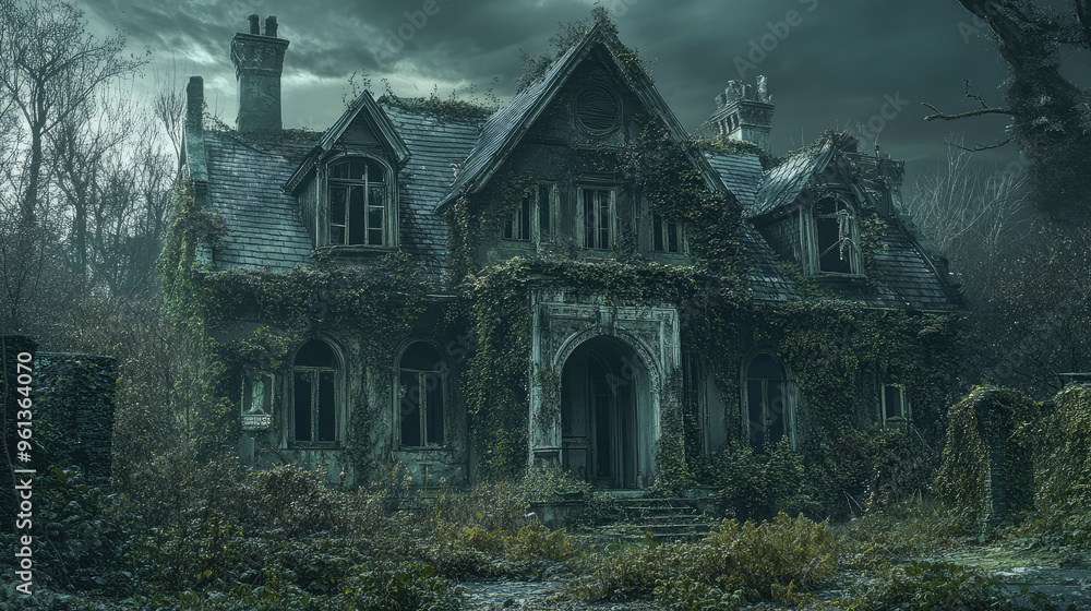 An abandoned haunted house with overgrown ivy and dead plants, bathed in eerie light. An abandoned haunted house with overgrown ivy and dead plants, bathed in eerie light.