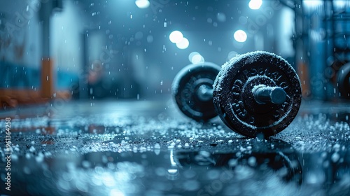 Close-up of a Metal Barbell in a Wet Gym photo