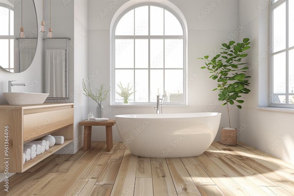 This is a stylish and modern bathroom designed with a sleek bathtub, beautiful wooden elements, and abundant natural light creating a serene atmosphere This is a stylish and modern bathroom designed with a sleek bathtub, beautiful wooden elements, and abundant natural light creating a serene atmosphere