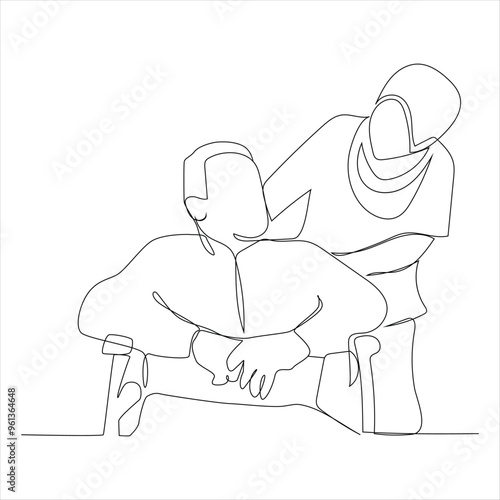 One single line drawing of young female doctor helping old patient get to wheelchair from hospital bed.