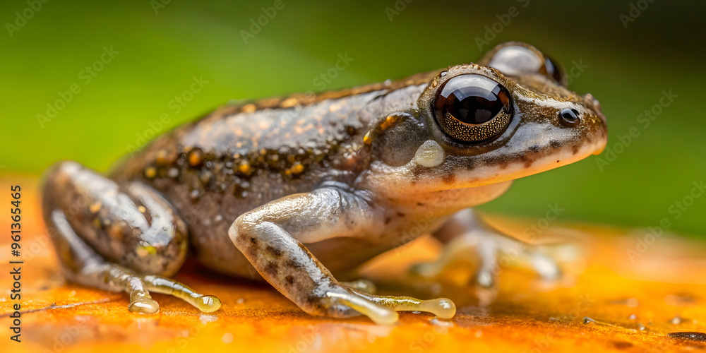 Curious Amphibian: A tiny frog perches on a vibrant, wet leaf, its large eyes reflecting the lush rainforest surroundings in exquisite detail. Curious Amphibian: A tiny frog perches on a vibrant, wet leaf, its large eyes reflecting the lush rainforest surroundings in exquisite detail.