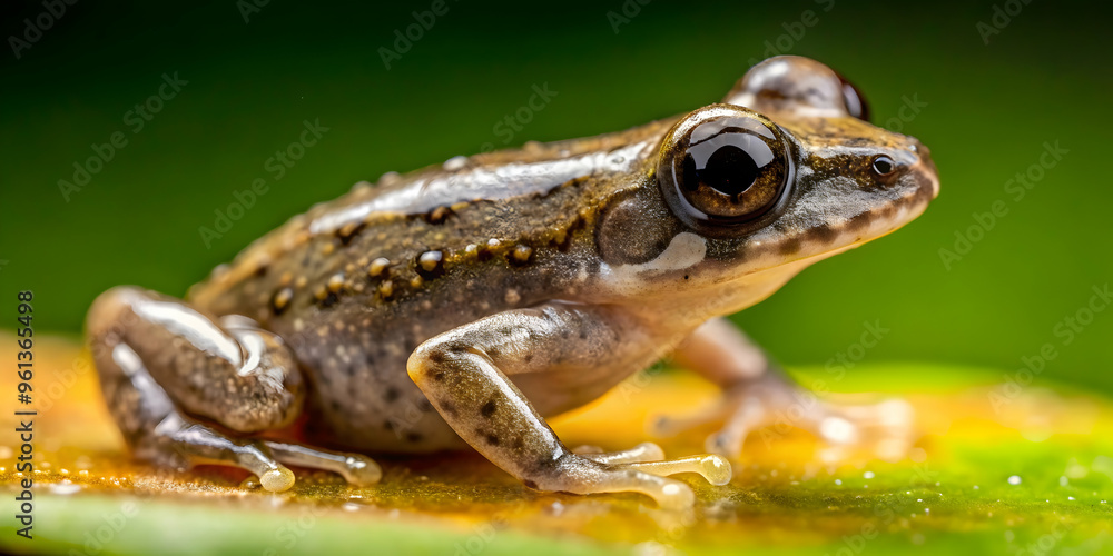 Curious Amphibian: A tiny frog perches on a vibrant, wet leaf, its large eyes reflecting the lush rainforest surroundings in exquisite detail. Curious Amphibian: A tiny frog perches on a vibrant, wet leaf, its large eyes reflecting the lush rainforest surroundings in exquisite detail.