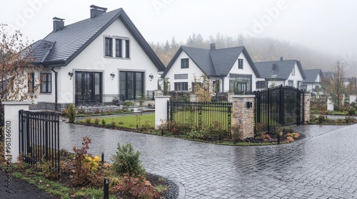 Modern White House with Black Roof and Gate in Foggy Forest