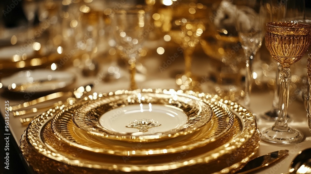 Generate a scene of a golden table setting for a formal dinner. The table should be adorned with golden cutlery, plates, and glasses Generate a scene of a golden table setting for a formal dinner. The table should be adorned with golden cutlery, plates, and glasses