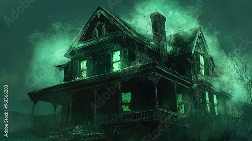 A spooky haunted house with eerie green light spilling out from the windows, casting an unnatural glow.