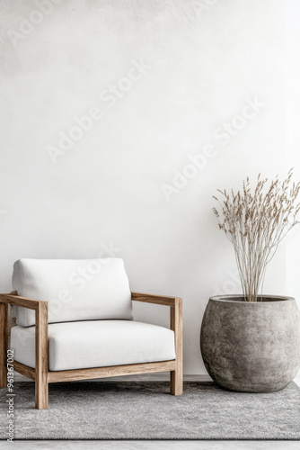 Interior design composition with a large window, natural lighting and minimalist furniture. Residential Real Estate composition with copyspace