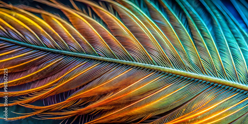 Iridescence Incarnate: A peacock feather bursts with a vibrant spectrum of color, its delicate barbs capturing the essence of natural beauty and intricate detail.  photo