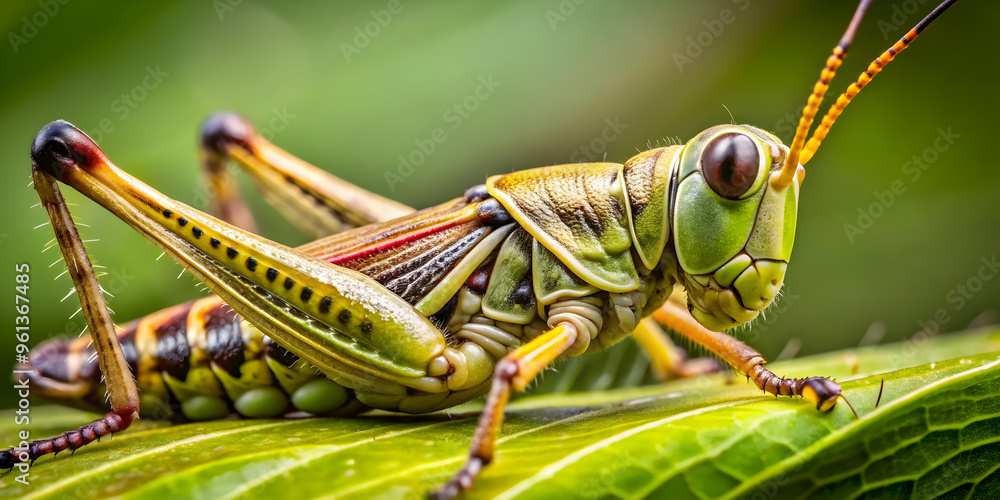 Emerald Maestro: A vibrant grasshopper perches on a dew-kissed leaf, its intricate details captured in stunning macro photography. Emerald Maestro: A vibrant grasshopper perches on a dew-kissed leaf, its intricate details captured in stunning macro photography.