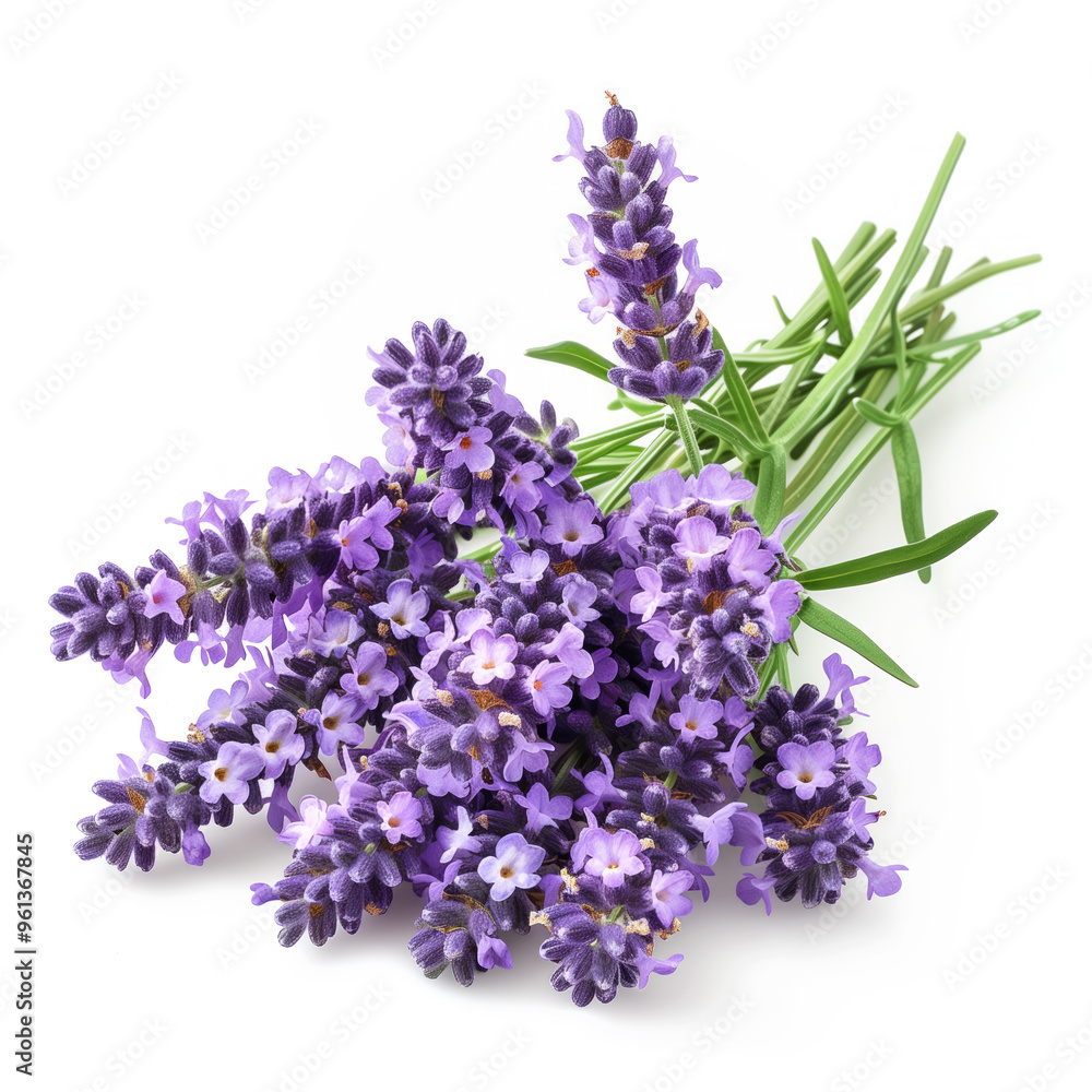Bouquet of lavender flowers with green stems isolated on a white background. Concept of nature, aroma, and relaxation Bouquet of lavender flowers with green stems isolated on a white background. Concept of nature, aroma, and relaxation