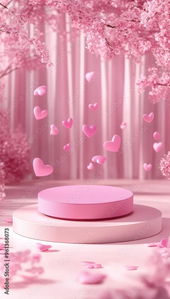 Pink Valentines Day Background With Minimal Podium And Flying Hearts, Cherry Trees Background Pink Valentines Day Background With Minimal Podium And Flying Hearts, Cherry Trees Background