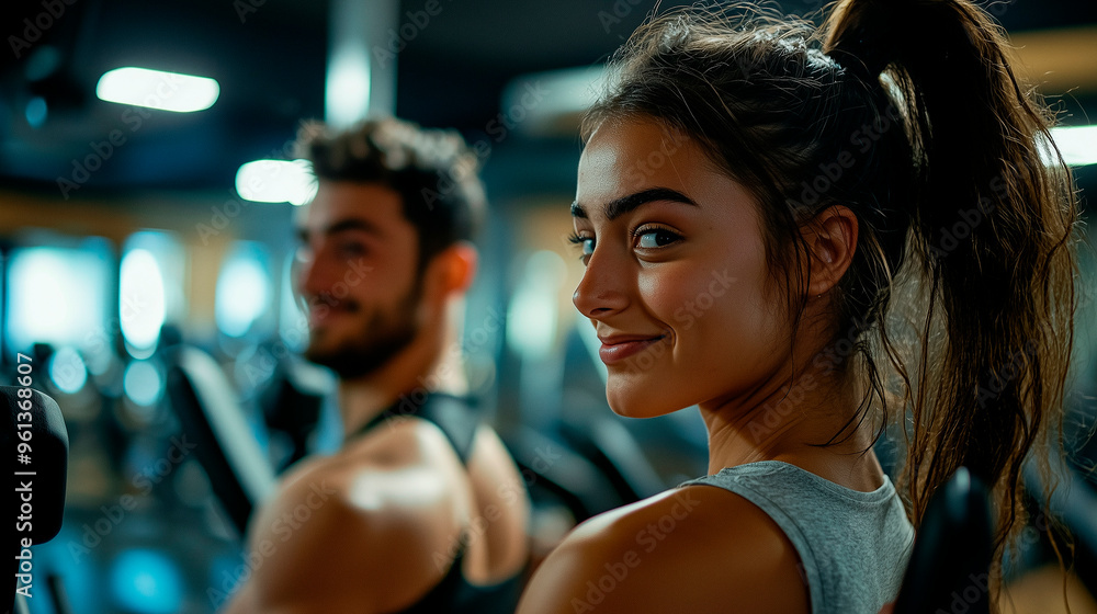 Junge Frau im Fitnessstudio, lächelnd und motiviert während des Trainings, Selbstbewusstsein und Vitalität im modernen Lifestyle Junge Frau im Fitnessstudio, lächelnd und motiviert während des Trainings, Selbstbewusstsein und Vitalität im modernen Lifestyle