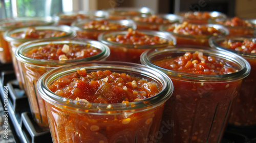 Homemade Spicy Salsa in Glass Jars: Freshly Preserved for a Burst of Flavor