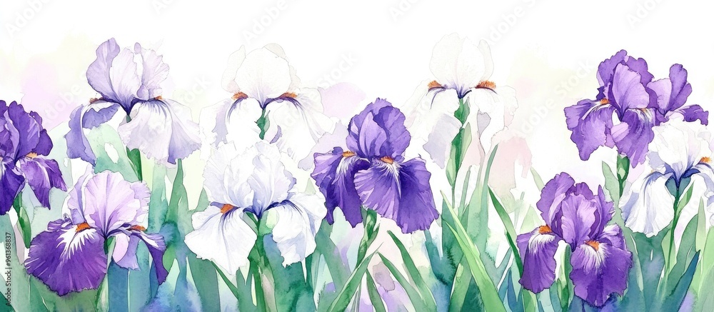 Stunning Watercolor Painting of Vibrant Irises in Full Bloom Stunning Watercolor Painting of Vibrant Irises in Full Bloom