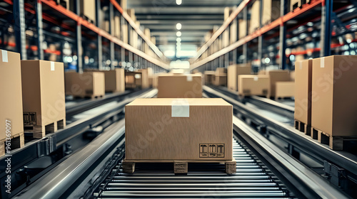 A conveyor system in a warehouse with cardboard boxes ready for distribution.