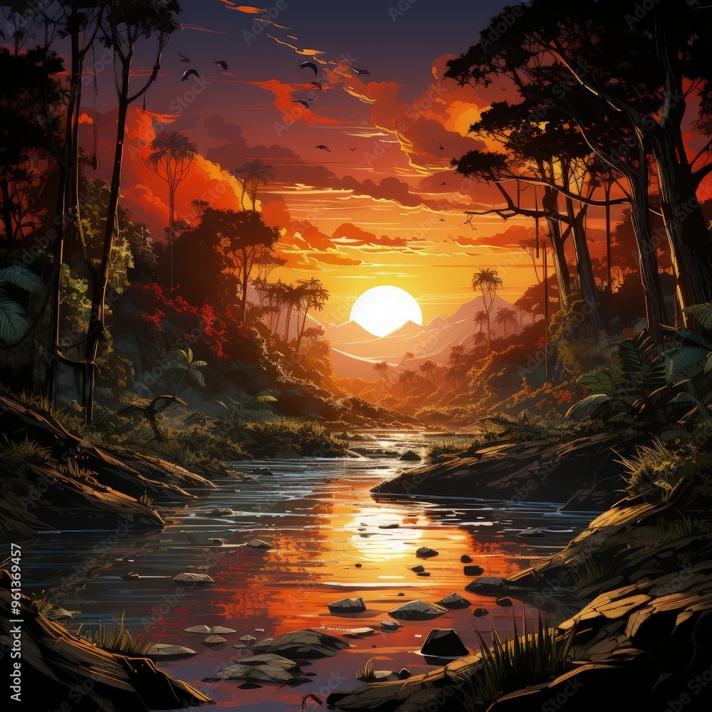Sunrise Over a Tropical Jungle, Bringing Life and Light to the Lush Scene Sunrise Over a Tropical Jungle, Bringing Life and Light to the Lush Scene