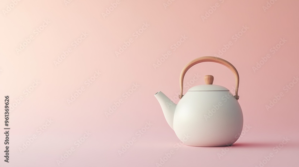 A minimalist white teapot with a wooden handle on a soft pink background. A minimalist white teapot with a wooden handle on a soft pink background.