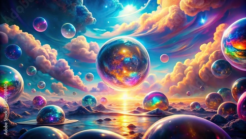 A psychedelic dreamscape featuring swirling clouds of iridescent mist, infused with holographic orbs that radiate a kaleidoscope of colors and light. photo