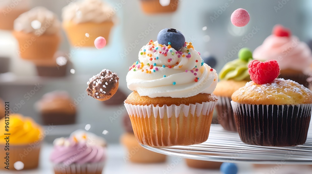Falling muffins and cupcakes off a bakery shelf Falling muffins and cupcakes off a bakery shelf