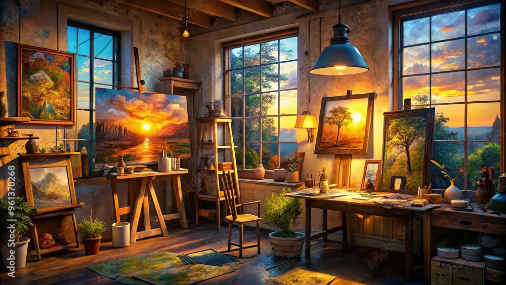 A painter's studio at dusk, warm golden light spilling from lamps, illuminating vibrant colors and textures of artwork in various stages of completion. A painter's studio at dusk, warm golden light spilling from lamps, illuminating vibrant colors and textures of artwork in various stages of completion.