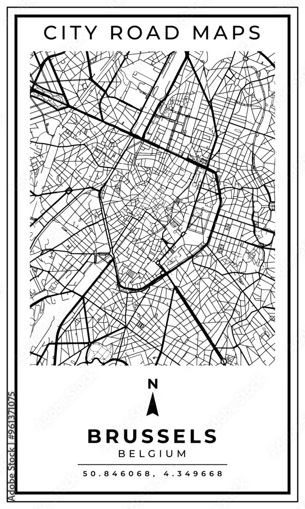 Obraz premium Monochrome Line Art Map of Brussels City of Belgium, Illustration and home decoration