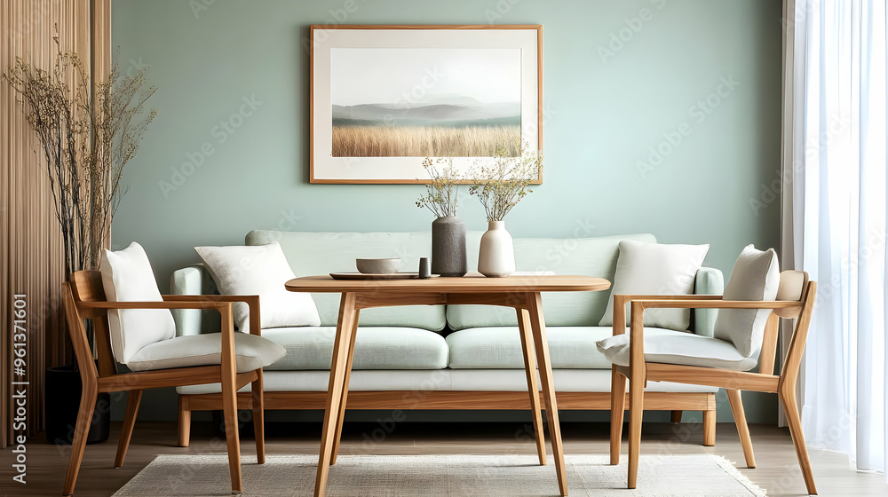 Fototapeta premium A cozy living room featuring a light green sofa, wooden furniture, and minimalist decor.