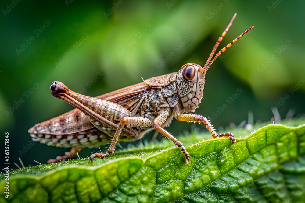 Close-up Macro Photography of a Grasshopper on a Leaf: A captivating macro photograph captures the intricate details of a grasshopper perched on a lush green leaf. Its vibrant colors, delicate antenna Close-up Macro Photography of a Grasshopper on a Leaf: A captivating macro photograph captures the intricate details of a grasshopper perched on a lush green leaf. Its vibrant colors, delicate antenna