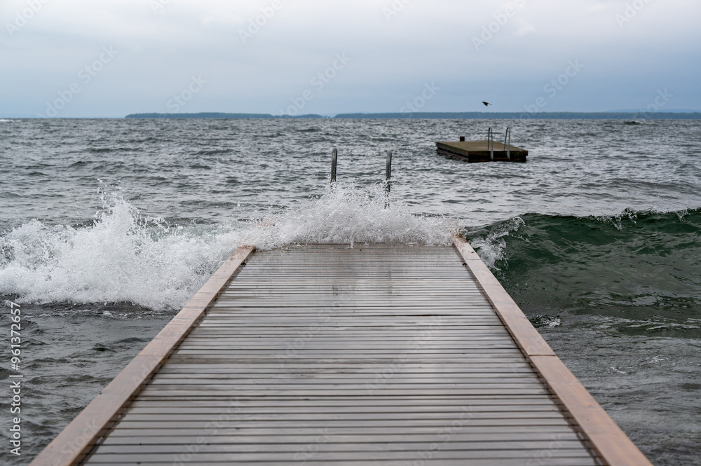 Bathing jetty in windy weather Vastanvik Motala Sweden Bathing jetty in windy weather Vastanvik Motala Sweden