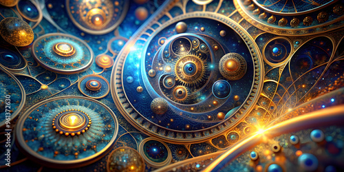 Intricate Cosmic Gears: An abstract fractal art piece showcasing a mesmerizing array of interconnected gears and patterns. Vibrant colors, intricate details, and a sense of cosmic wonder create a capt