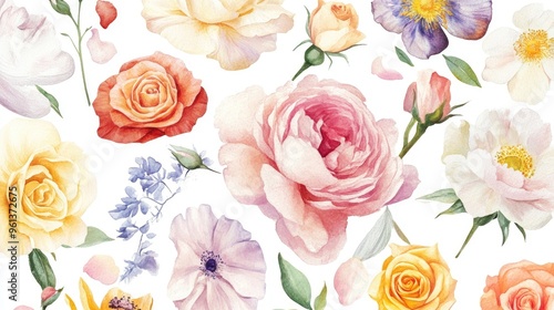 Vibrant Watercolor Floral Arrangement Featuring Roses and Other Blooms