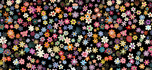 pattern of tiny, colorful flowers are scattered across the canvas in an aesthetically pleasing arrangement on a black background, make for a charming and whimsical aesthetic