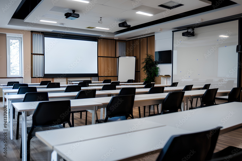 A photo of a modern conference room with white tables and black chairs, a big screen on the wall, a conference hall for training presentations or business meetings in an office building A photo of a modern conference room with white tables and black chairs, a big screen on the wall, a conference hall for training presentations or business meetings in an office building