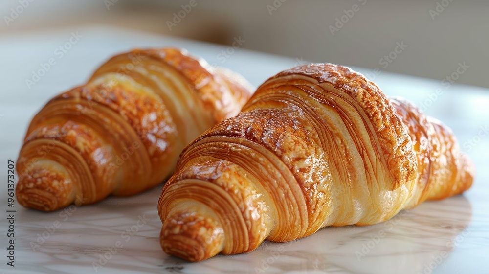 Two golden, flaky croissants resting on a marble surface, showcasing their rich texture. Two golden, flaky croissants resting on a marble surface, showcasing their rich texture.
