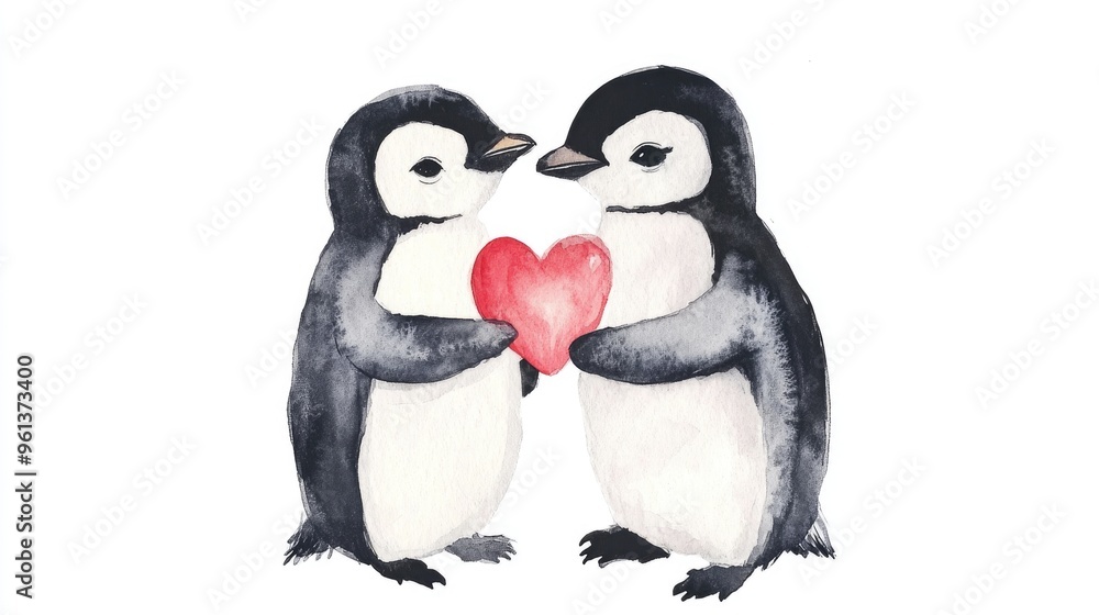 Fototapeta premium Adorable Penguins Holding a Heart - A Charming Watercolor Illustration of Love in Nature