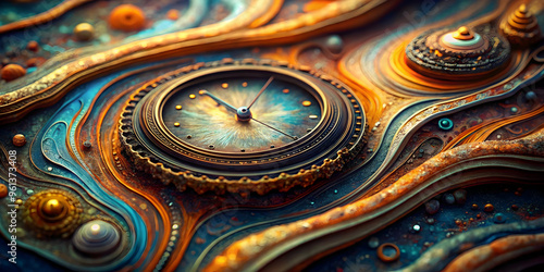 Timeless Elegance: An ornate clock face, adorned with intricate details, rests upon a vibrant, swirling abstract background. 