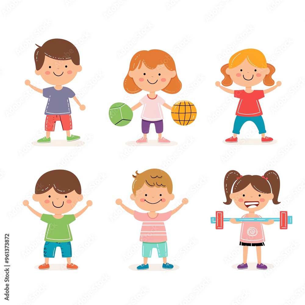 Cute cartoon children playing sports and exercising. Cute cartoon children playing sports and exercising.