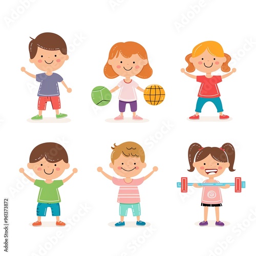 Cute cartoon children playing sports and exercising.