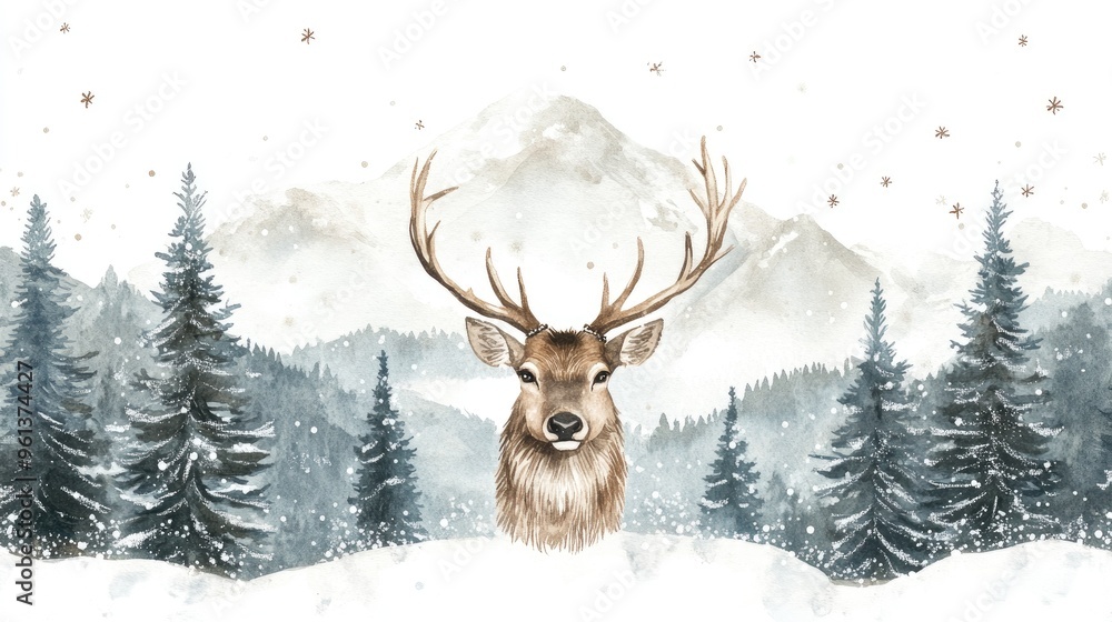 Majestic Deer Amidst a Snowy Mountain Landscape in Serene Watercolor Style Majestic Deer Amidst a Snowy Mountain Landscape in Serene Watercolor Style