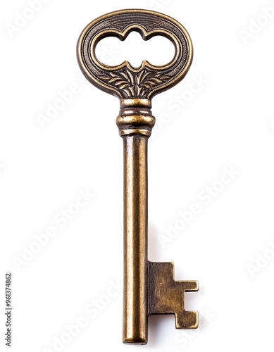 A single vintage skeleton key, isolated on a white background