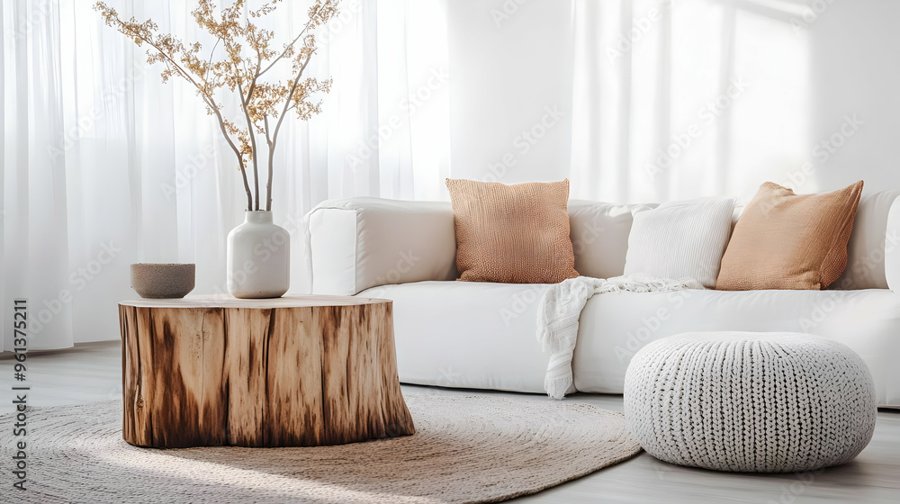A cozy living room with a white sofa, natural decor, and warm tones. A cozy living room with a white sofa, natural decor, and warm tones.
