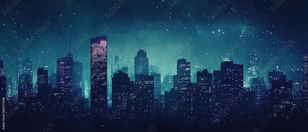 Design a background that captures the essence of a bustling cityscape at night, with silhouettes of skyscrapers against a sky filled with stars and subtle light flares. Design a background that captures the essence of a bustling cityscape at night, with silhouettes of skyscrapers against a sky filled with stars and subtle light flares.